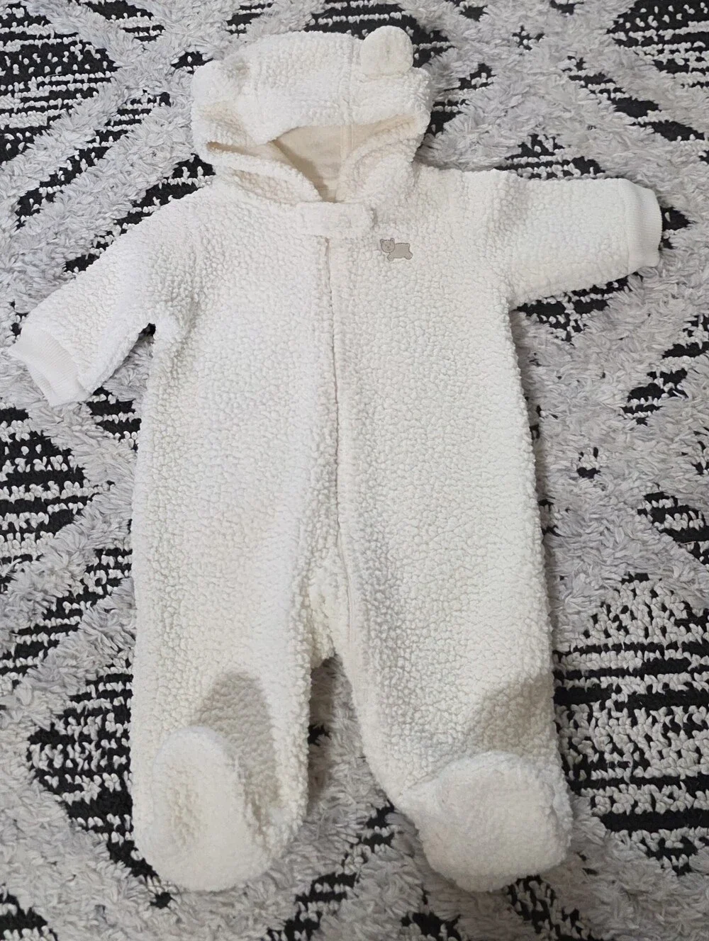 OshKosh B'Gosh Baby Boy Cream Teddy Bear Fleece ZipUp Hooded Footie Sleeper 3M